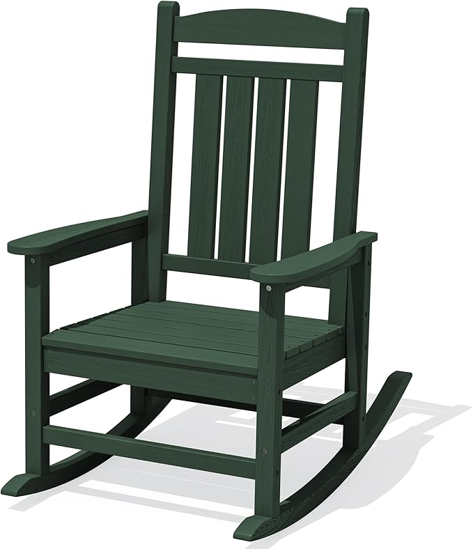 KINGYES HDPE Outdoor Rocking Chair, All-Weather Patio Rocking Chair, Weather Resistant Porch Rocker for Adults, Dark Green