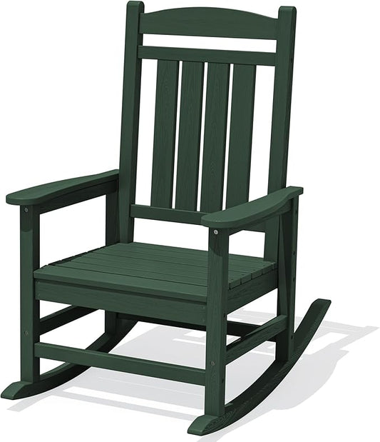 KINGYES HDPE Outdoor Rocking Chair, All-Weather Patio Rocking Chair, Weather Resistant Porch Rocker for Adults, Dark Green