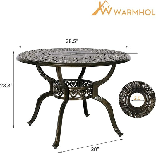 Outdoor Cast Aluminum Patio Table, 38.5” Round Patio Dinning Table with 2” Umbrella Hole for Patio Furniture Garden Deck Backyard