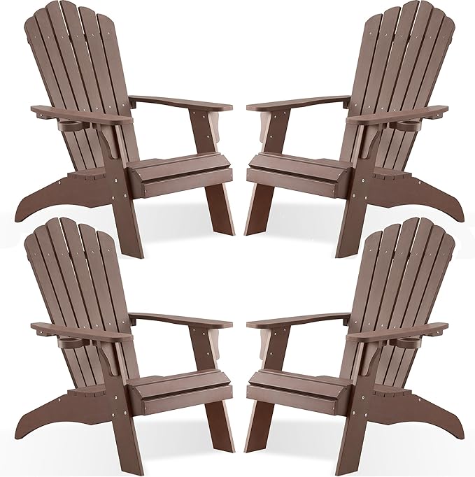 Psilvam Adirondack Chair, Oversized Poly Lumber Fire Pit Chair with Cup Holder, 350Lbs Support Patio Chairs for Garden, Weather Resistant Outdoors Seating, Relaxing Gift for Father & Mother (4, Brown)