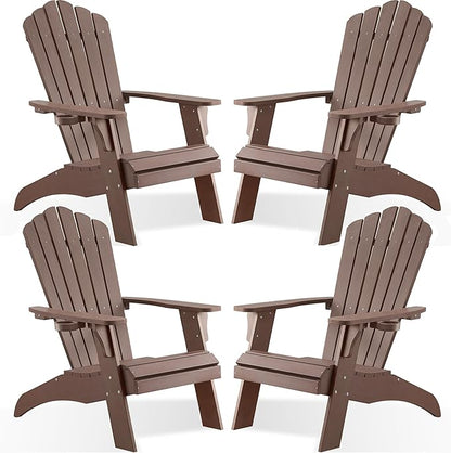 Psilvam Adirondack Chair, Oversized Poly Lumber Fire Pit Chair with Cup Holder, 350Lbs Support Patio Chairs for Garden, Weather Resistant Outdoors Seating, Relaxing Gift for Father & Mother (4, Brown)