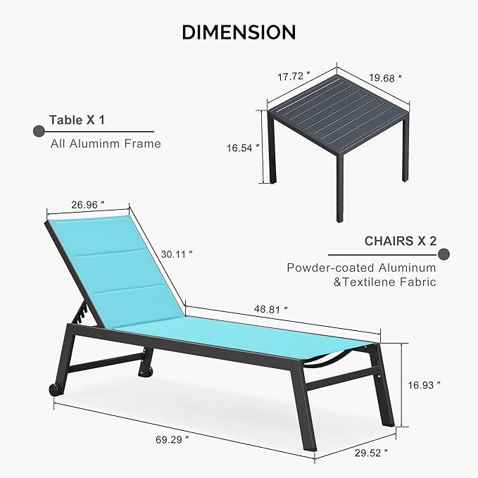 PURPLE LEAF Extra Large Outdoor Chaise Lounge 2 Pieces Aluminum Patio Lounge Chair with Wheels Reclining Chair for Patio Pool Beach Sunbathing Turquoise Blue Oversized Lounger