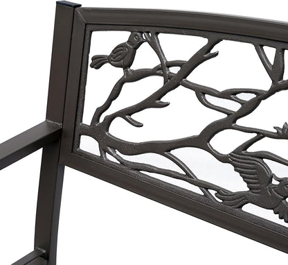 50" Cast Steel Metal Garden Bench, Floral Pattern for Yard, Lawn, Porch Porch, Brown
