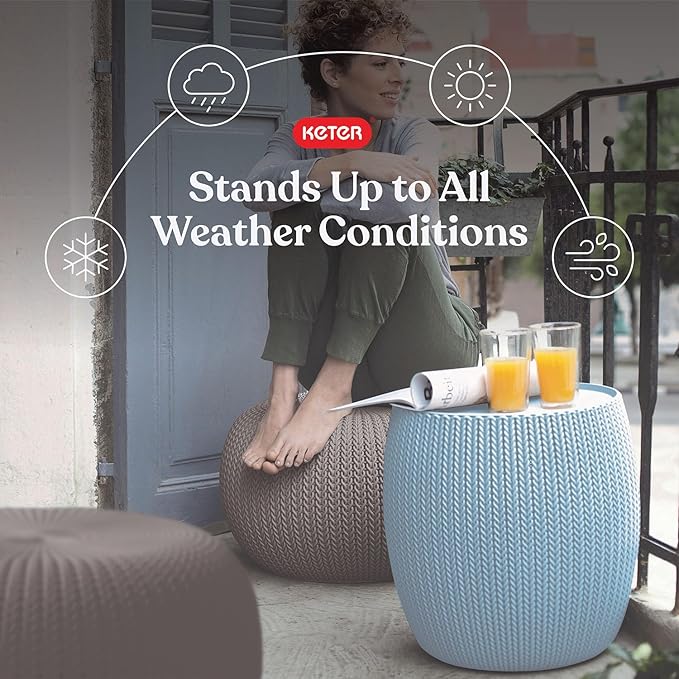 Keter Urban Knit Pouf Ottoman Set of 2 with Storage Table for Patio and Room Décor - Perfect for Balcony, Deck - Photo 4