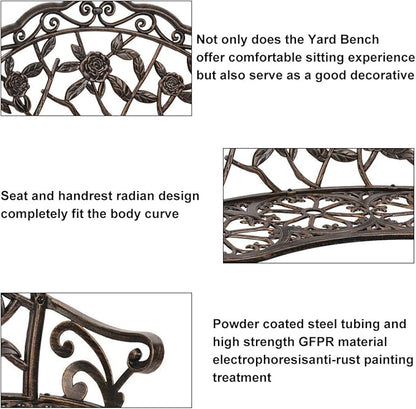 Patio Garden Bench Outdoor Metal Rose Loveseat,39in Cast Iron Well-Crafted Floral Back Antique Finish Park Chair,Accented Lawn Front Porch Path Yard Bronze Decor Deck Furniture for 2|Easy Assembly