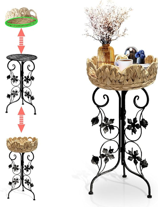Outdoor Metal Patio Folding Side Table with Removable Wicker Tray, Boho Woven Rattan Plant Stand, Small Round Coffee end Table (Water Hyacinth, Black)