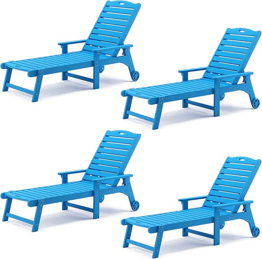 LUE BONA Lounge Chair Outdoor Set of 4, HDPS Chaise Lounge Outdoor with Wheels, 5 Positions Adjustable Pool Lounger Chairs for Outside, Patio, Deck, Blue
