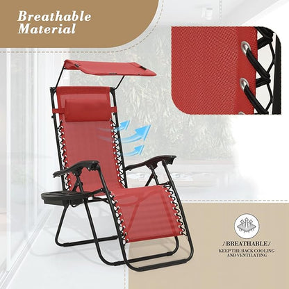Athena Collection Zero Gravity Outdoor Lounge Chair Set of 2 with Canopy Shade, 25" Width Pool Lounge Lawn Chairs Reclining with Cup Holder, Outdoor Chaise for Beach Patio Outside, Dark Red
