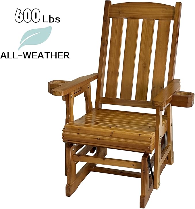 Fortune Candy Wooden Patio Glider for One Person, with High Back and Deep Contoured Seat, Solid Fir Wood, Heavy Duty 600 LBS (Teak Tone, 1-Seater)