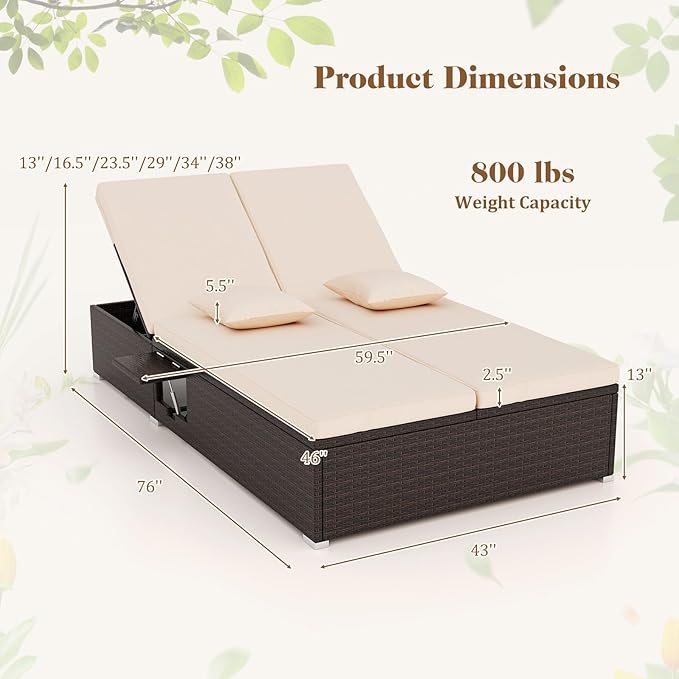 RELAX4LIFE Rattan Outdoor Patio Daybed - Wicker Double Chaise Lounge Chair w/6-Position Backrest, 2 Folding Side Trays - Photo 3
