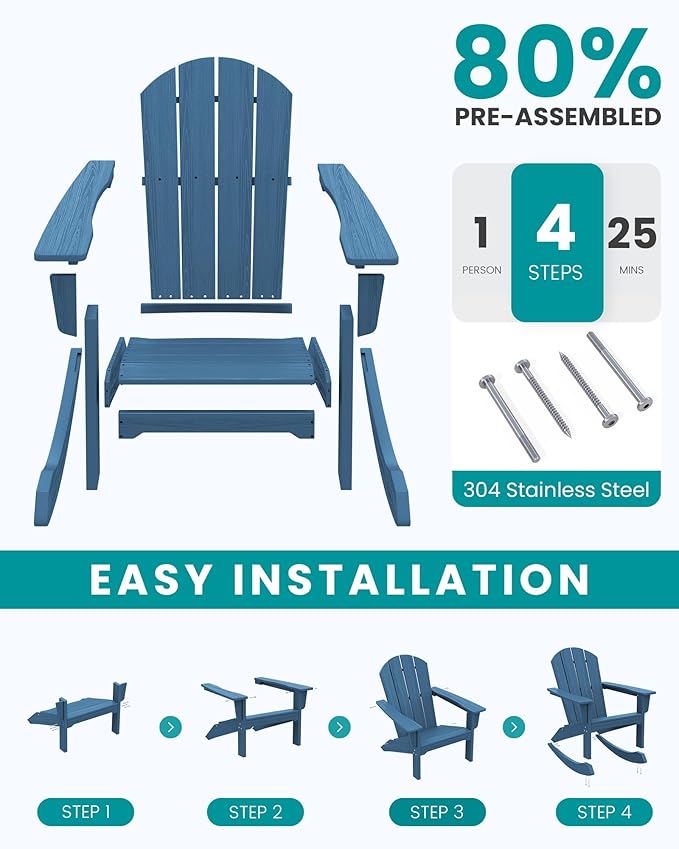 SERWALL Outdoor Adirondack Rocking Chairs Set of 8, All-Weather HDPE Adirondack Rocker Chair, Front Porch Rocker Chairs for Patio Lawn Porch Deck, Navy