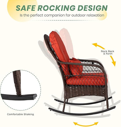 LVUYOYO Outdoor Wicker Rocking Chair of 2, Patio Rattan Rocker Chair with Cushions, Rocking Wicker Furniture Set for Deck, Porch, Garden, Backyard (Orange Red)