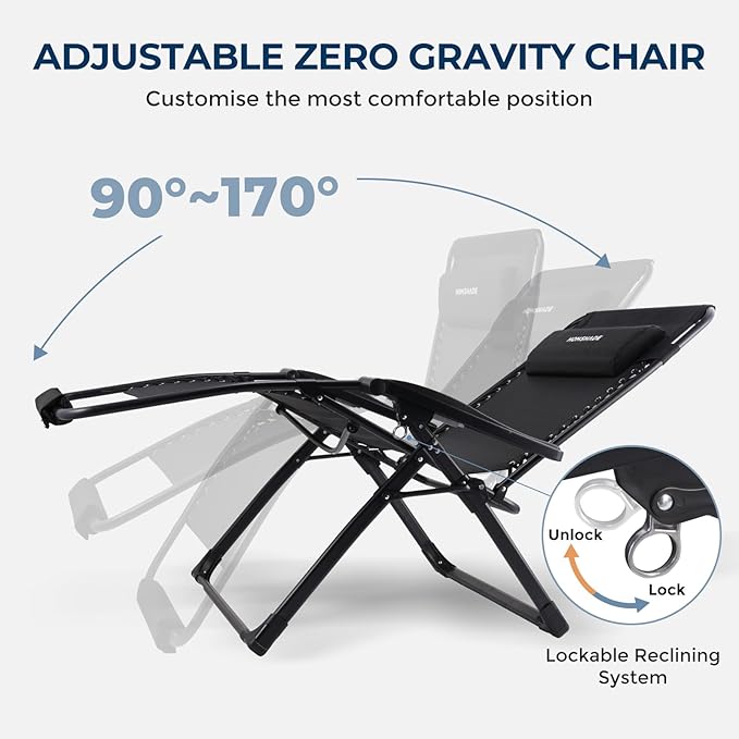 HOMSHADE XXL Zero Gravity Chair with Cushion, 33In Oversized Zero Gravity Lounge Chair, Patio Outdoor Recliner Chair for Indoor Outdoor with Headrest, Cup Holder, Footrest Support 500Lbs, Black