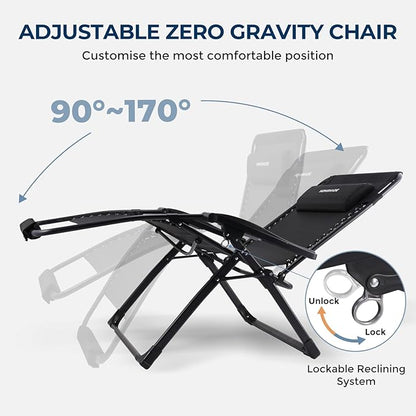 HOMSHADE XXL Zero Gravity Chair with Cushion, 33In Oversized Zero Gravity Lounge Chair, Patio Outdoor Recliner Chair for Indoor Outdoor with Headrest, Cup Holder, Footrest Support 500Lbs, Black