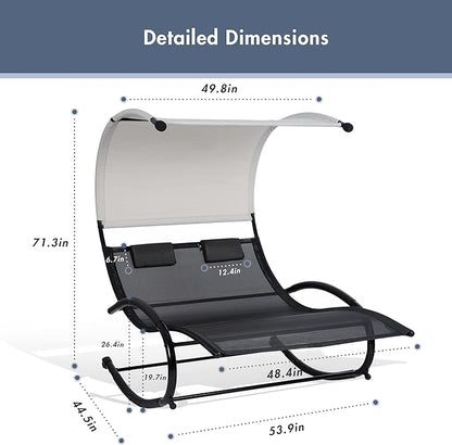 Double Chaise Lounge, Outdoor Bed Lounger with Sun Shade & Wheels, Double Lounge Chair with Canopy & Headrest Pillows for Patio, Yard, Lawn, Black