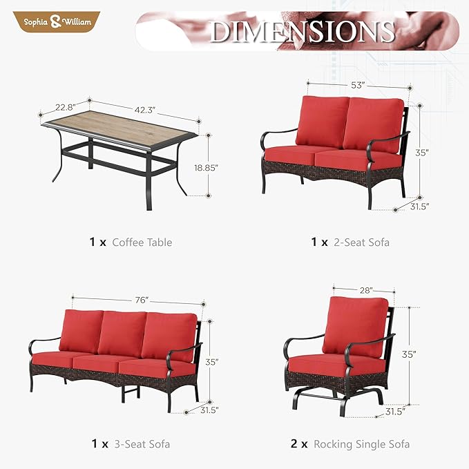 Sophia & William Patio Furniture Set, 5PCS Metal Outdoor Conversation Set with 3-Seater Outdoor Couch, 2 Sofa Chairs - Photo 7