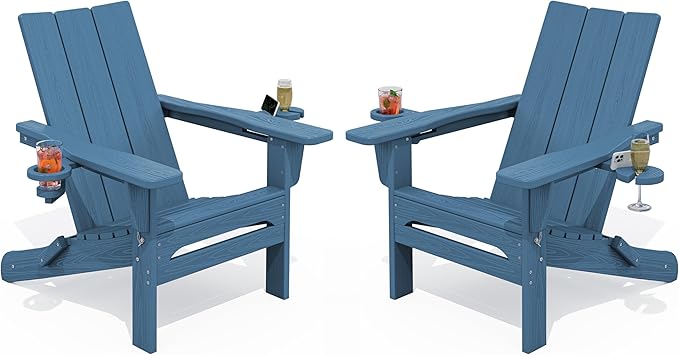 SERWALL Modern Folding Adirondack Chair Set of 2, Weather Resistant HDPE Outdoor Adirondack Chair with Dual Cup Holders, Fire Pit Chair for Patio Lawn Garden, Blue
