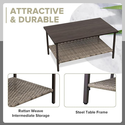 COOS BAY Aurora Terrace Outdoor Coffee Table with 2-Tier Storage, Metal Patio Table for Garden, Balcony, Poolside, Porch, Wood Grain Top