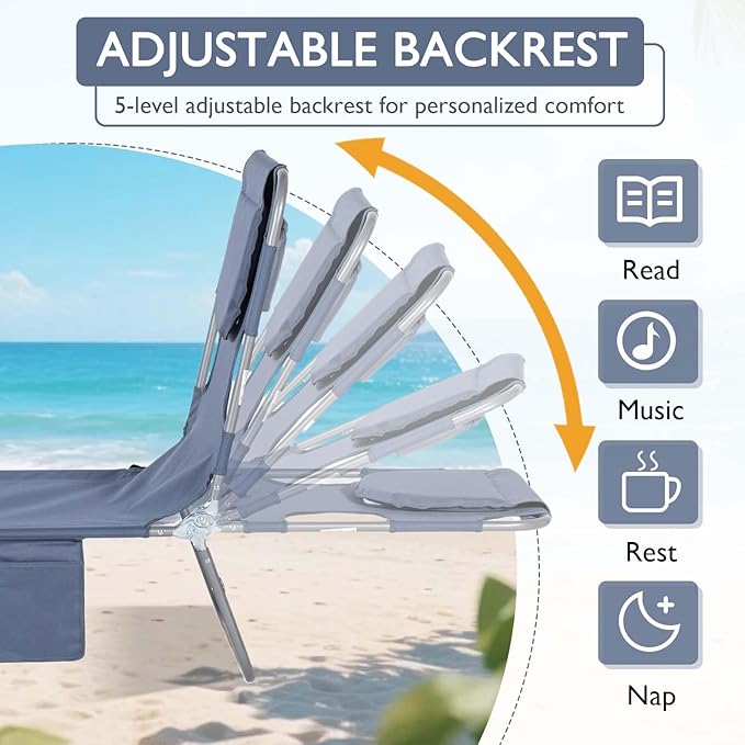 3-in-1 Heavy Duty Tanning Chair with Face Hole Adjustable 5-Position Folding Chaise Lounge Chairs Portable Lay Flat Beach Lounge Chair for Outdoor Sunbathing Patio Pool Lawn Camping Deck (Gray 2)