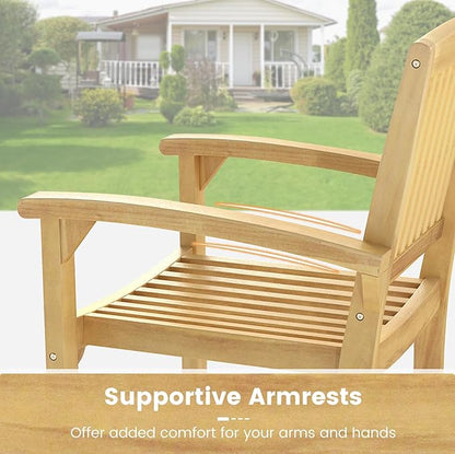 Tangkula Outdoor Patio Wood Dining Chair, Teak Wood Armchair with Slatted Seat & Curved Seat, Ergonomic Armrests, Solid Wooden Legs, for Balcony, Poolside, Porch, Yard (4)