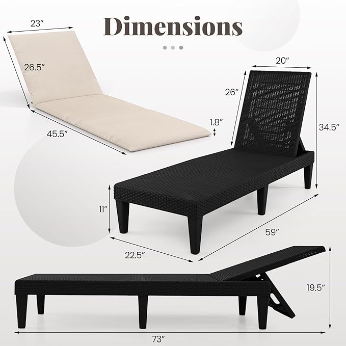 HAPPYGRILL Outdoor Chaise Lounge Chair Rattan Recliner Lounger with Removable Cushion & 3-Level Adjustable Backrest - Photo 3