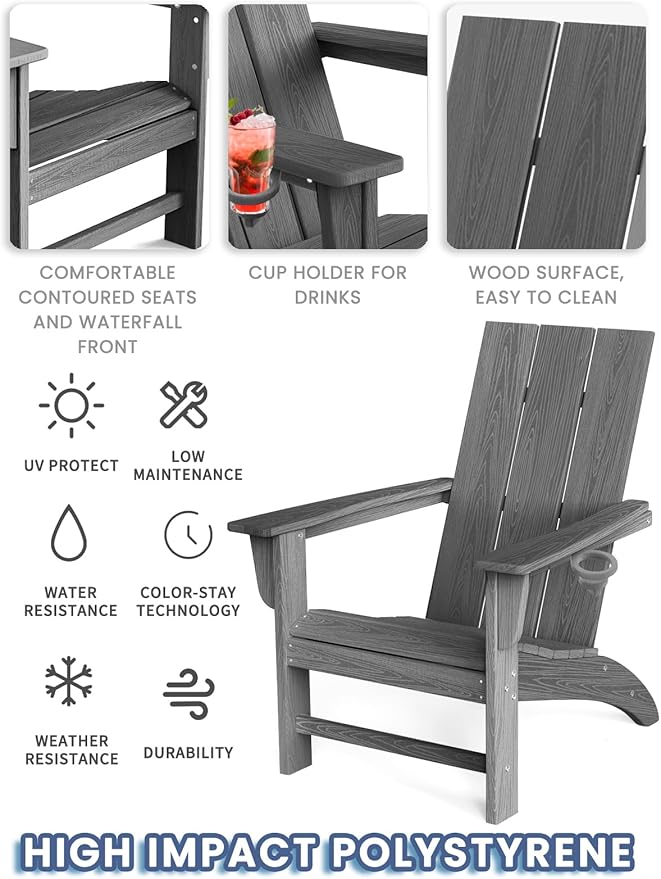 Modern Adirondack Chair, HDPE Plastic Patio Chairs for All Weather, Fire Pit Chair, Outdoor Lawn Chairs for Deck, Porch, Backyard, Garden, Slate Gray