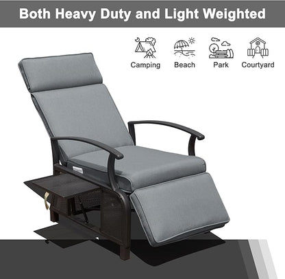 Domi Adjustable Patio Recliner Chair Metal Outdoor Lounge Chair with Flip Table Push Back, Adjustable Angle, Removable Cushions, Support 350lbs, Gray
