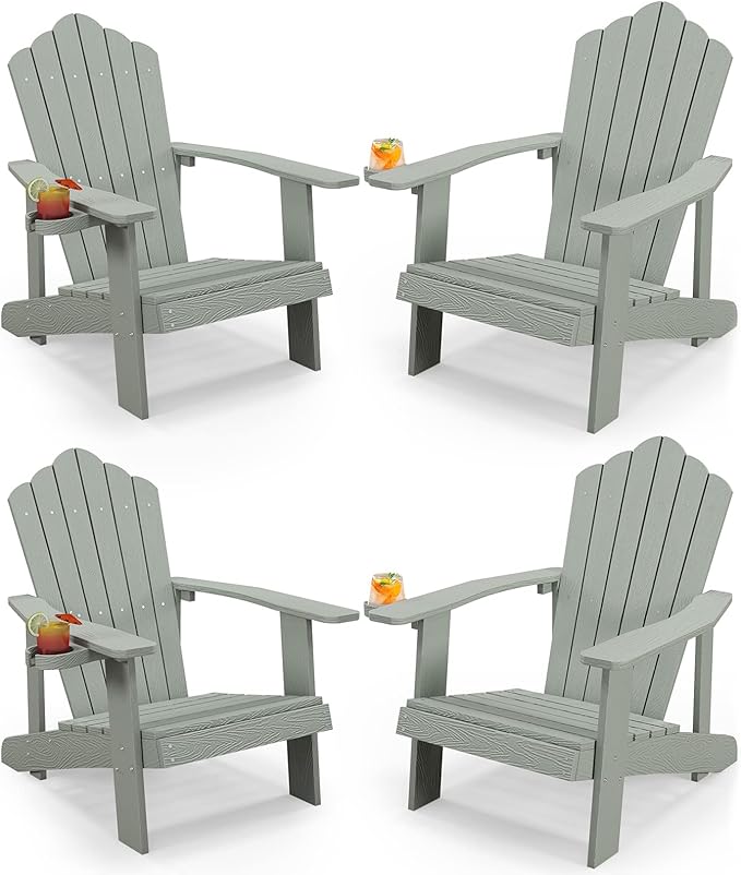 Tangkula Oversized Adirondack Chair, Patio Lounge Chairs w/Adjustable Cup Holder, HIPS Armchairs Slatted Chair, Outdoor Weather Resistant Fire Pit Chair for Deck Backyard Garden Porch (4, Light Grey)