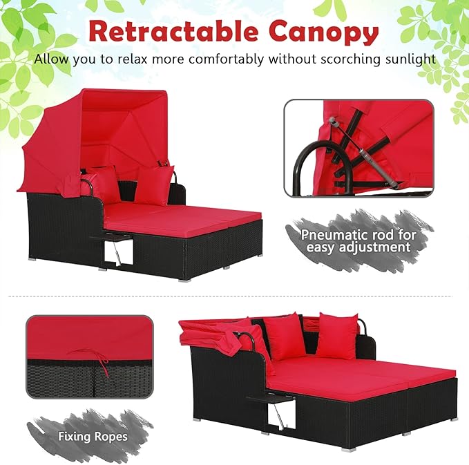 Tangkula Patio Rattan Daybed with Retractable Canopy, Outdoor Wicker Sunbed Lounger with 2 Foldable Side Tables - Photo 7