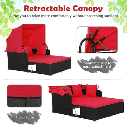 Tangkula Patio Rattan Daybed with Retractable Canopy, Outdoor Wicker Sunbed Lounger with 2 Foldable Side Tables, Thick Seat & Back Cushions, Outside Double Daybed for Garden, Backyard, Porch, Red