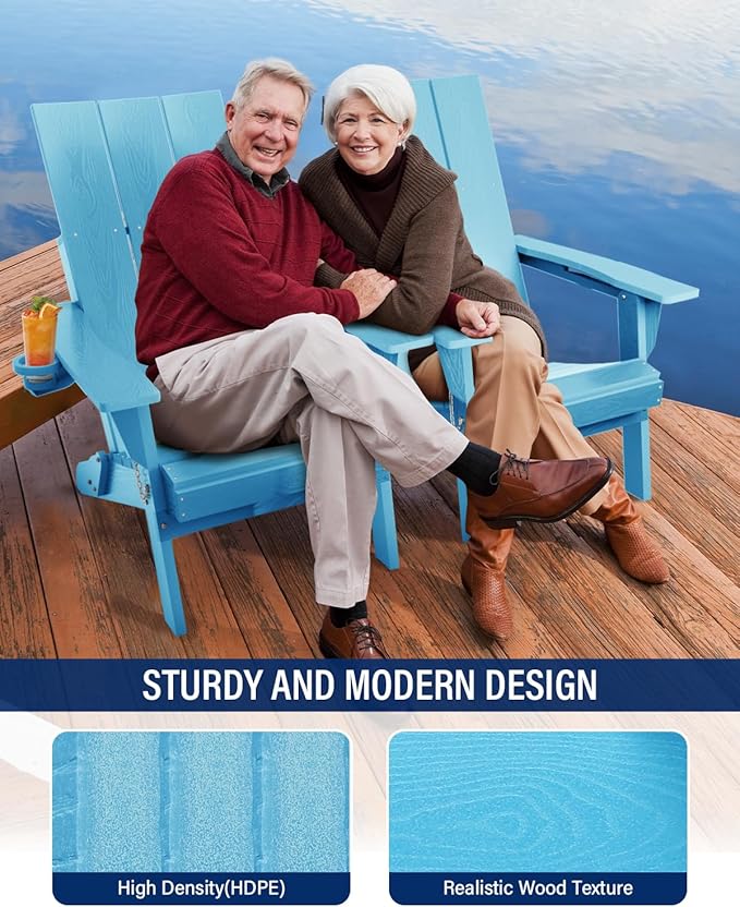 Adirondack Chair with Cup Holder: Folding Adirondack Chairs Set of 4 Plastic HDPE Material Furniture - Modern Composite Fire Pit Chairs Foldable for Outdoor/Backyard/Garden/Lawn/Deck/Porch