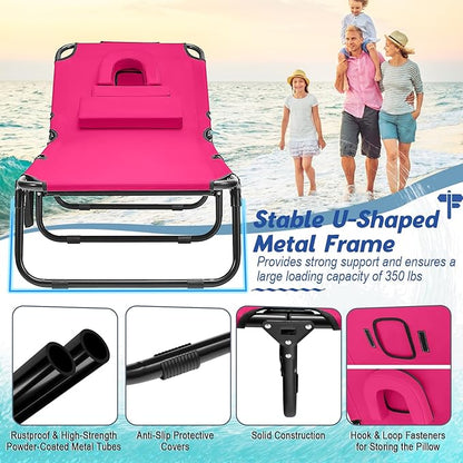 Goplus Tanning Chair, Folding Beach Lounge Chair with Face Hole, Removable Pillow, Carry Strap, Position Adjustable, Sunbathing Chair, Portable Outside Lounge Chair for Patio Pool