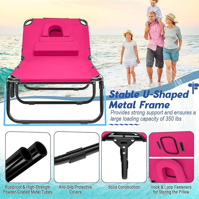 Goplus Tanning Chair, Folding Beach Lounge Chair with Face Hole, Removable Pillow, Carry Strap, Position Adjustable, Sunbathing Chair, Portable Outside Lounge Chair for Patio Pool