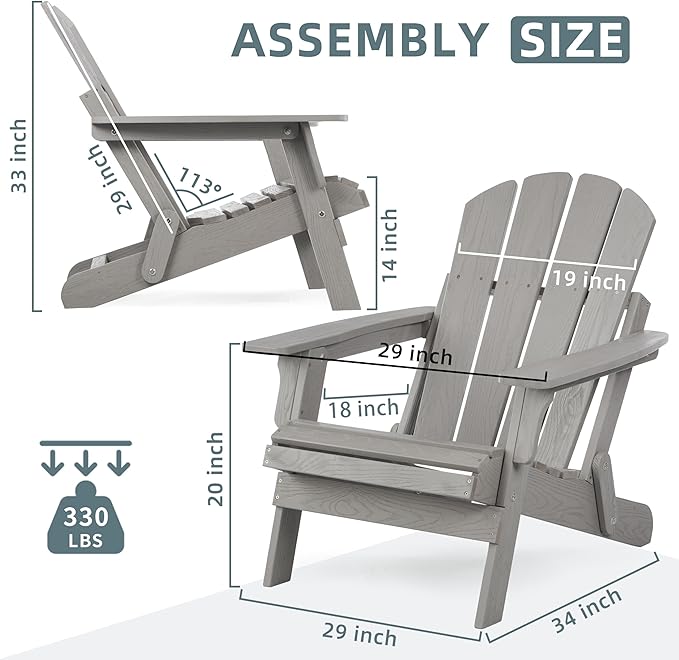 Oversized Wooden Folding Adirondack Chair with Pre-Assembled Backrest and Seat Board, Lounge Chair for Outdoor Patio Garden Lawn Backyard Firepit Deck Pool Beach (Gray)