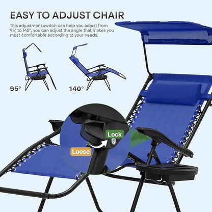 Athena Collection Folding Zero Gravity Chair with Canopy, Adjustable Lounge Chair Recliner, Outdoor Lawn Chair Camping Chairs Beach Chaise Chairs with Headrest & Cup Holder for Patio Pool, Blue