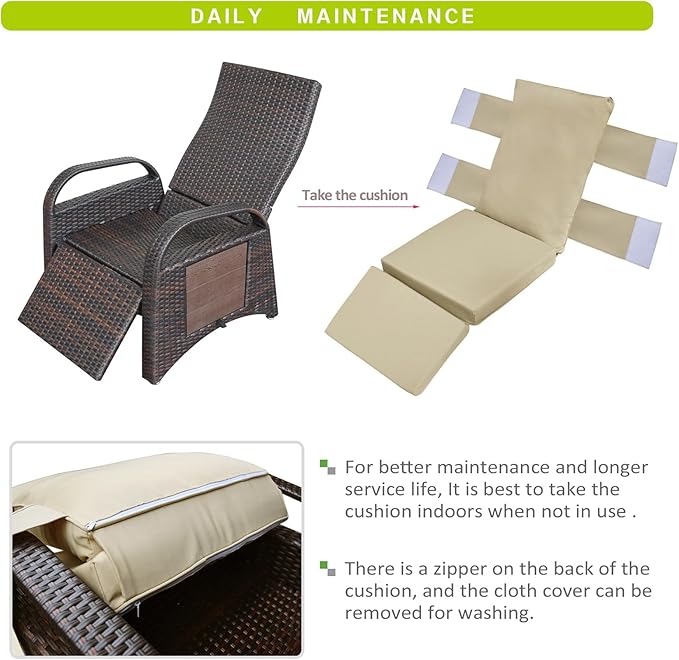 ATR ART TO REAL Outdoor Recliner Chairs, PE Wicker Reclining Lounge Chair with Removable Soft Cushion, Adjustable Outside Recliners for Patio, Porch, Poolside, Balcony, Lawn (Khaki, 1 PC)