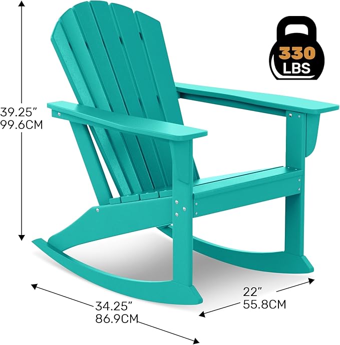 Costaelm Outdoor Adirondack Chair, All Weather Resistant Lawn Chairs Balcony Chair and Fire Pit Chairs, Deck Chairs Outdoor Porch Rocking Chair High Back HDPE Poly Lumber, Turquoise