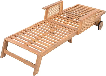 Merax 2-Pieces Retro Acacia Wood Outdoor Chaise Lounge with Wheels & 3-Position Adjustable Backrest, Vintage Wicker Sun Lounger with Plush Removable Cushion for Patio, Garden & Poolside, Acacia Wood