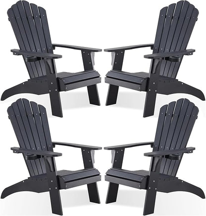 Psilvam Adirondack Chair, Oversized Poly Lumber Fire Pit Chair with Cup Holder, 350Lbs Support Patio Chairs for Garden, Weather Resistant Outdoors Seating, Relaxing Gift for Father & Mother (4, Black)