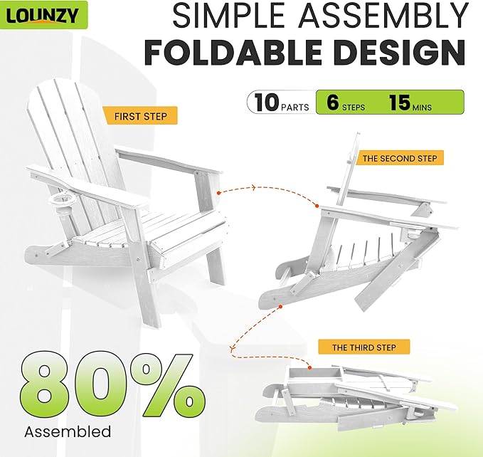 LOUNZY Folding Adirondack Chair Set of 6, HDPE All-Weather Folding Adirondack Chair with Cup Holders - Photo 4