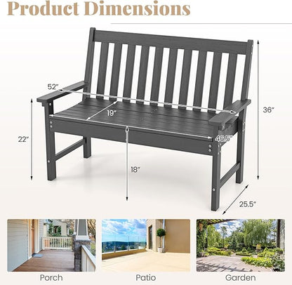 RELAX4LIFE 2-Person Patio Outdoor Bench - 52’’ All-Weather HDPE Garden Bench with Armrests & Slatted Backrest, Patio Bench for Front Porch Park Poolside Backyard, 705 LBS Weight Capacity (Grey)