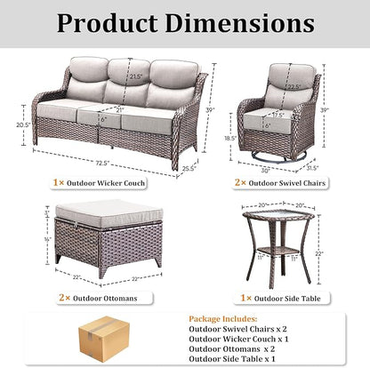 Luxury High Back Patio Furniture Set with 6-Inch Thick Cushions, 6-Pieces Outdoor Furniture with Swivel Chairs &Side Table, Wicker Conversation Set for Porch, Balcony, Deck and Yard, Brown/Beige