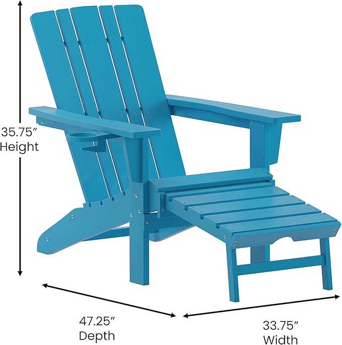 Taylor & Logan Hedley Adirondack Chair with Cup Holder and Pull Out Ottoman, All-Weather HDPE Indoor/Outdoor Lounge Chair in Blue, Set of 2