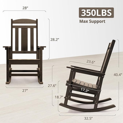 LUE BONA Outdoor Rocking Chairs Set of 2, Weather Resistant HDPS Poly Rocker Chairs, 350lb Heavy Duty, Oversized Porch Rocker for Adult, High Back Smooth Rocking Chair for Outdoor & Indoor, Brown