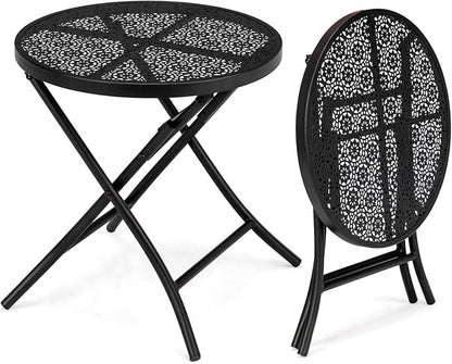 Patio Folding Side Table, Round Outdoor End Table,18 inch Folding Patio Side Table, Metal Steel Outdoor Round Coffee Table with Flower Cutouts for Patio Yard Balcony Garden, Black