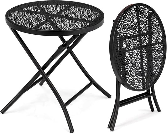 Patio Folding Side Table, Round Outdoor End Table,18 inch Folding Patio Side Table, Metal Steel Outdoor Round Coffee Table with Flower Cutouts for Patio Yard Balcony Garden, Black