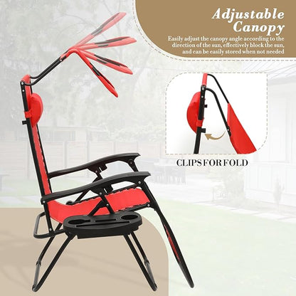 Athena Collection Patio Chairs Set of 2 Reclining Lounge Chair with Cup Holder and Pillow Fabric Camping Chairs with Canopy Foldable Beach Chairs for Garden, Park, Deck, Yard, Poolside, Red