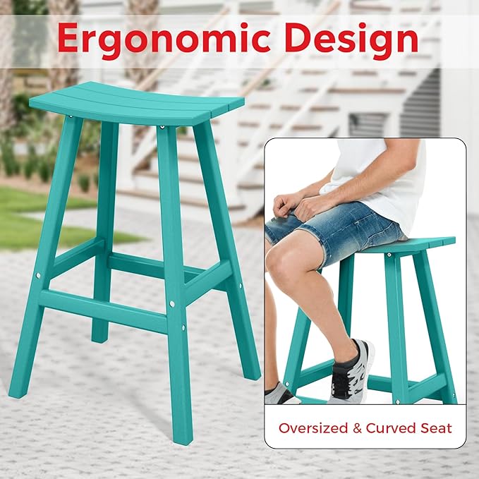 Costaelm All-Weather Bar Stools Set of 3, 29" Height Outdoor Bar Stools, Adirondack Poly Patio Bar Stool for Patio, Deck, Kitchen Counter and Garden, Turquoise