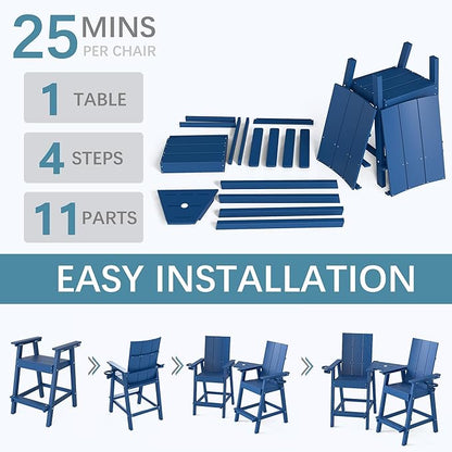 Tall Adirondack Chair Set of 2, HDPE Balcony Chairs with Connecting Tray, Two Cup Holders, All-Weather Adirondack Bar Stools for Patio, Balcony, Backyard, Poolside, Navy Blue