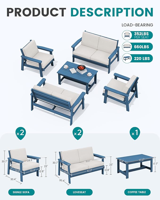 SERWALL HDPE Patio Furniture Set, 5 Piece All Weather Wood-Like Sectional Outdoor Furniture Set - Photo 2